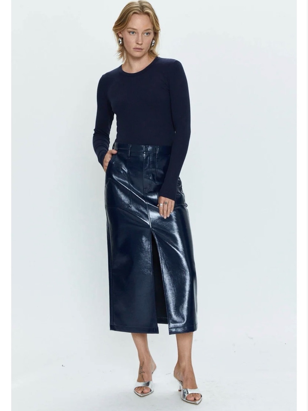 pistola Black Faux Leather Midi Skirt with Front Patch Pockets